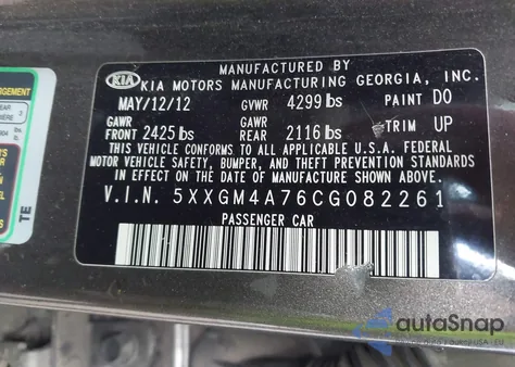 2012 Kia Optima Lx z USA, uszkodzony, nr VIN 5XXGM4A76CG082261